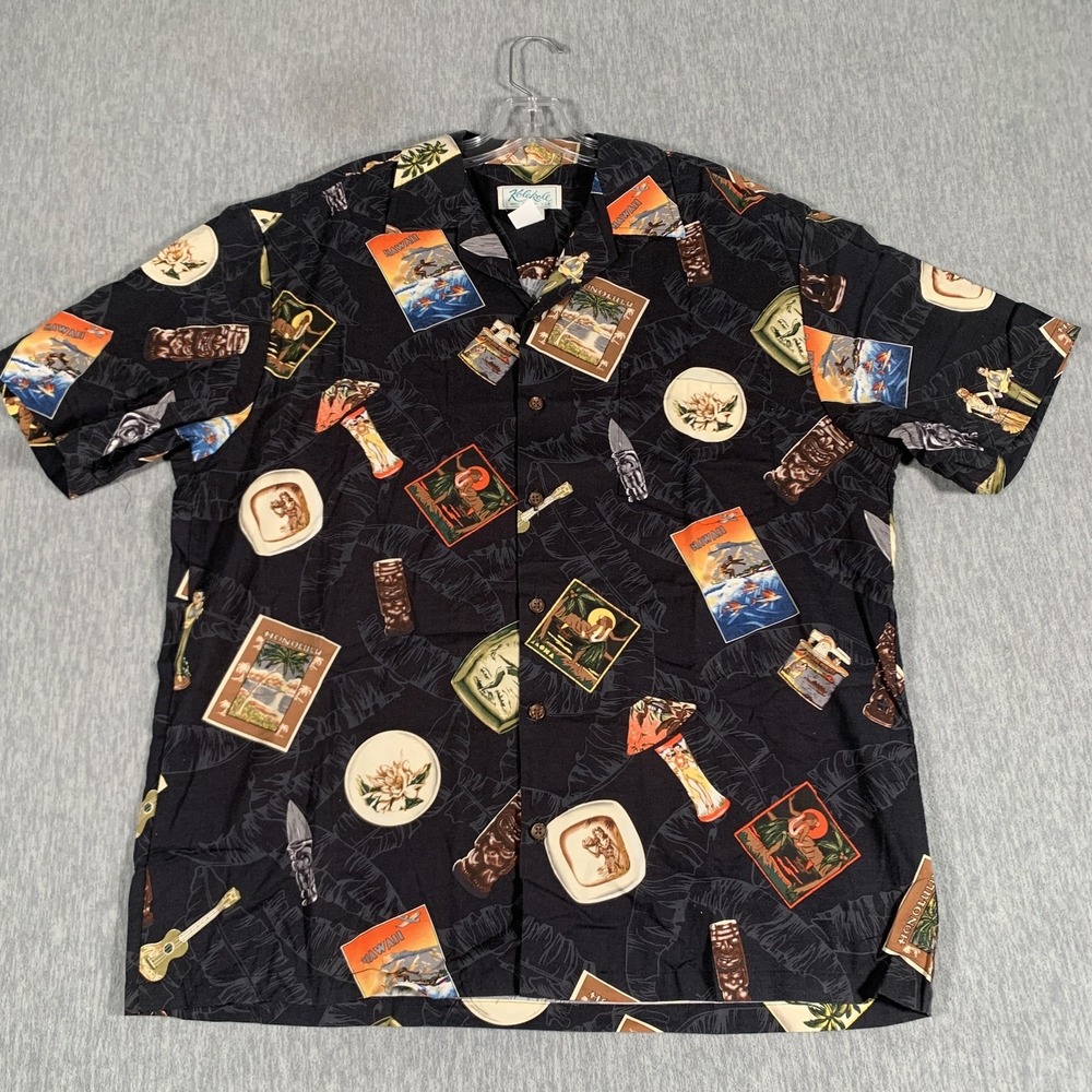 Kolekole Shirt Mens Medium Black Hawaiian‎ Aloha Travel Print Made Hawaii USA